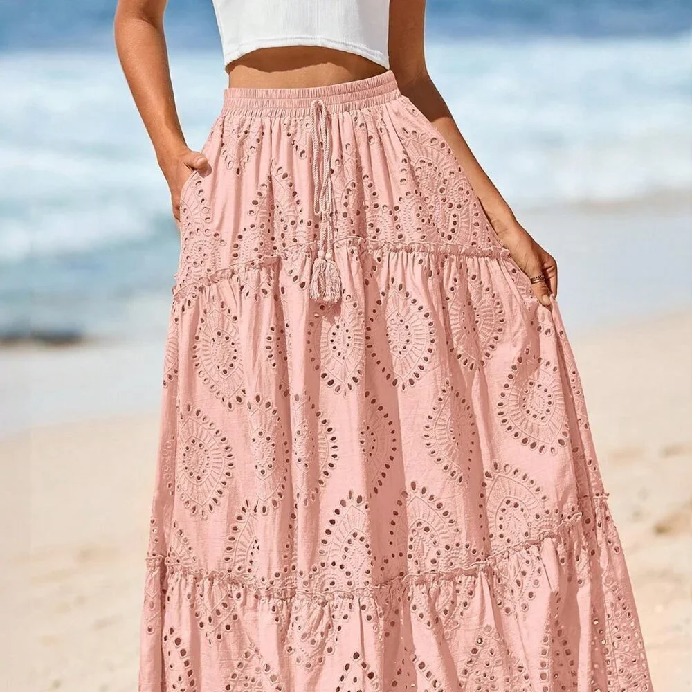 Pink Boho Women's Lace Maxi Skirt